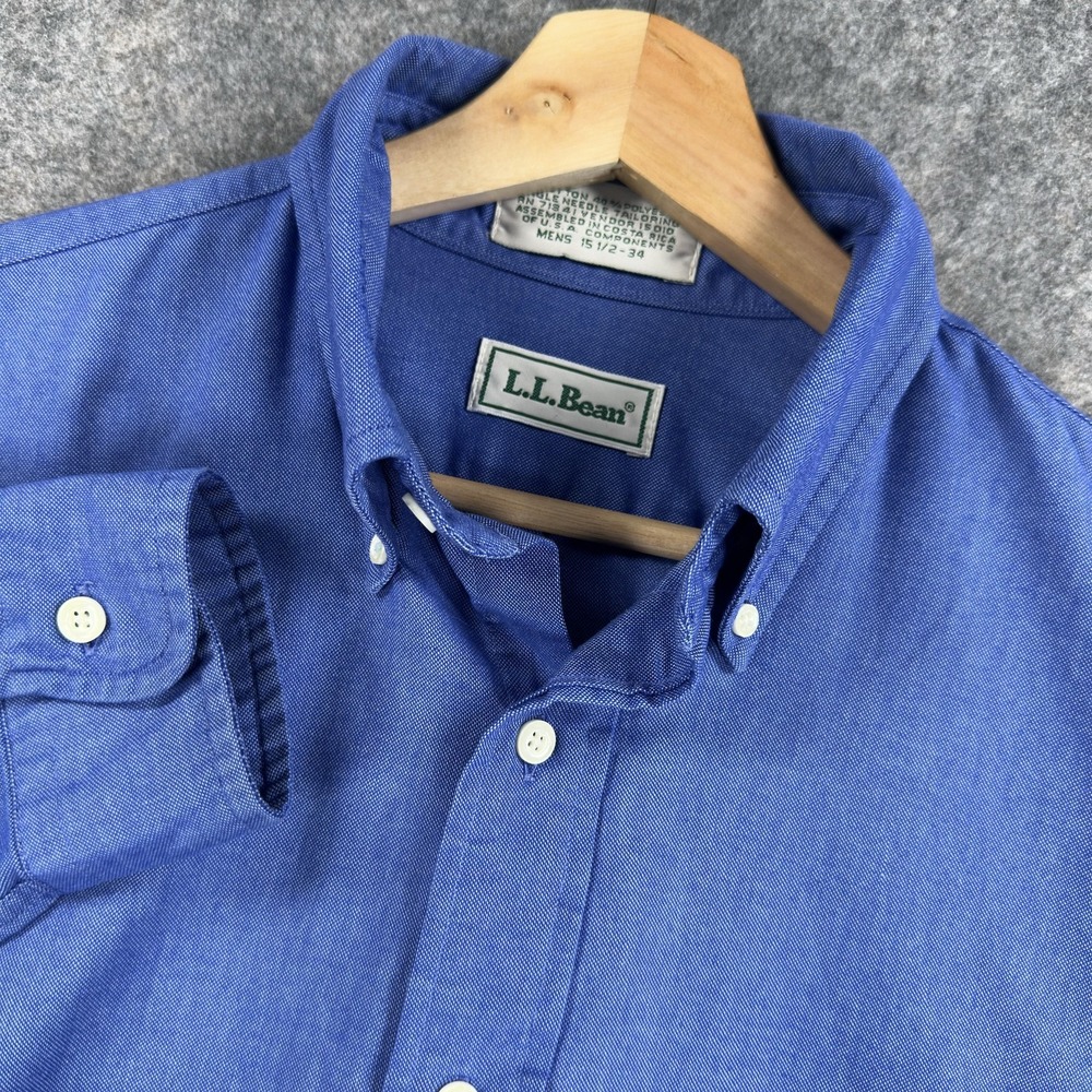 LL Bean Shirt Mens 15.5 34/35 Blue Solid Cotton Poly Button Down Long Sleeve USA